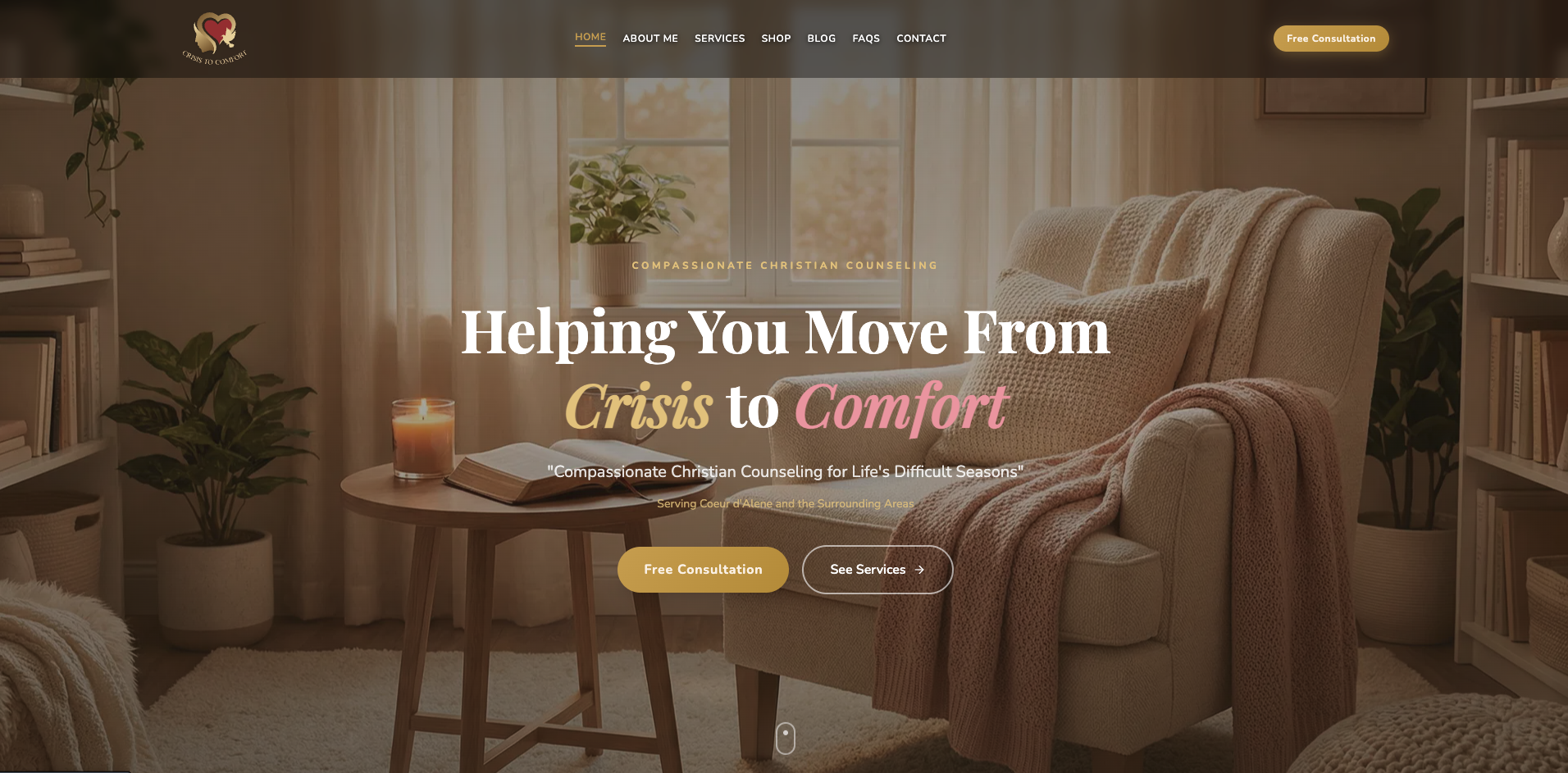 Crisis to Comfort Counseling homepage — a warm, professional presence for a Treasure Valley counseling practice.