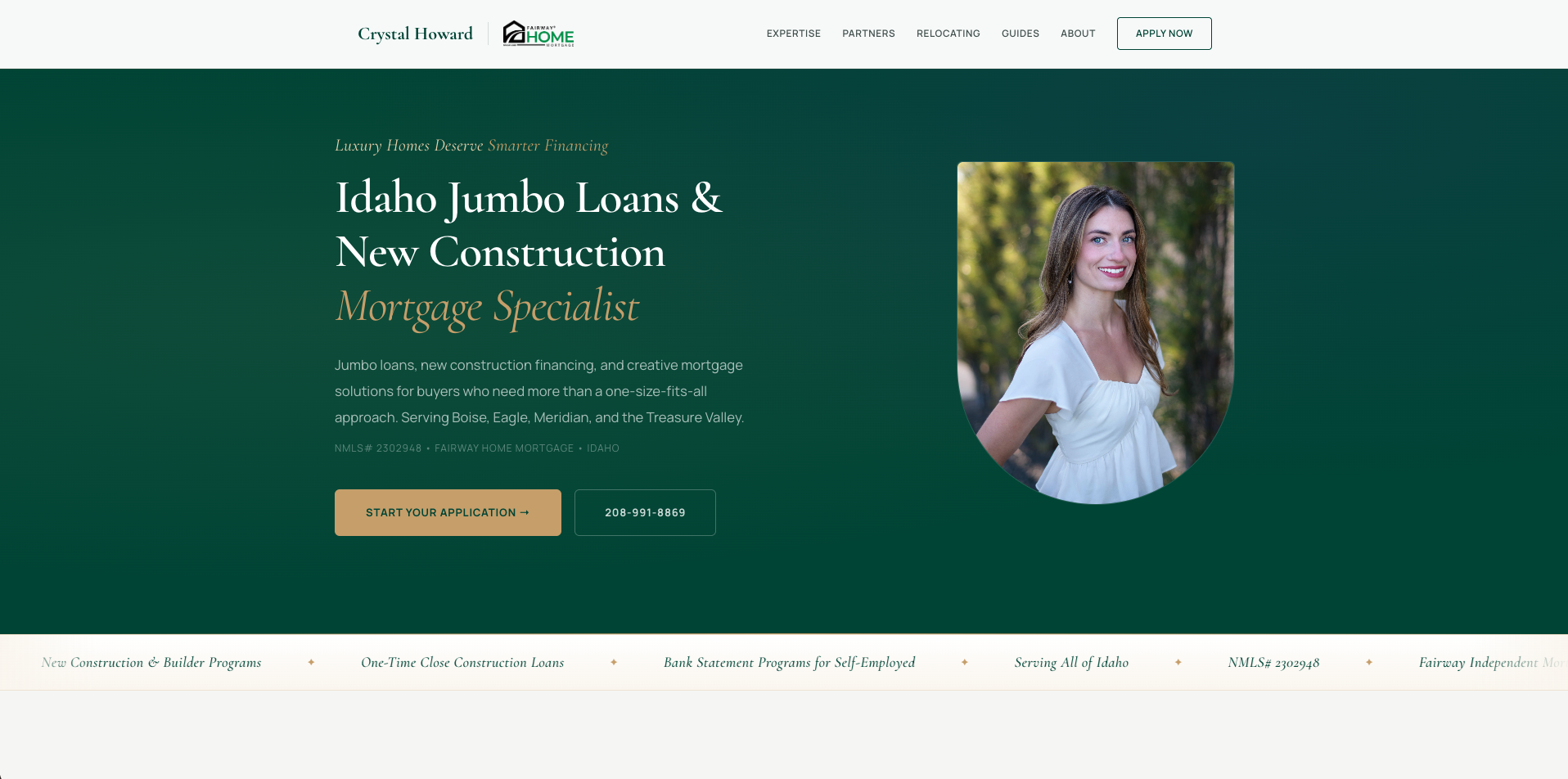 Crystal Howard Mortgage homepage — luxury and new construction lending in Garden City, Idaho.